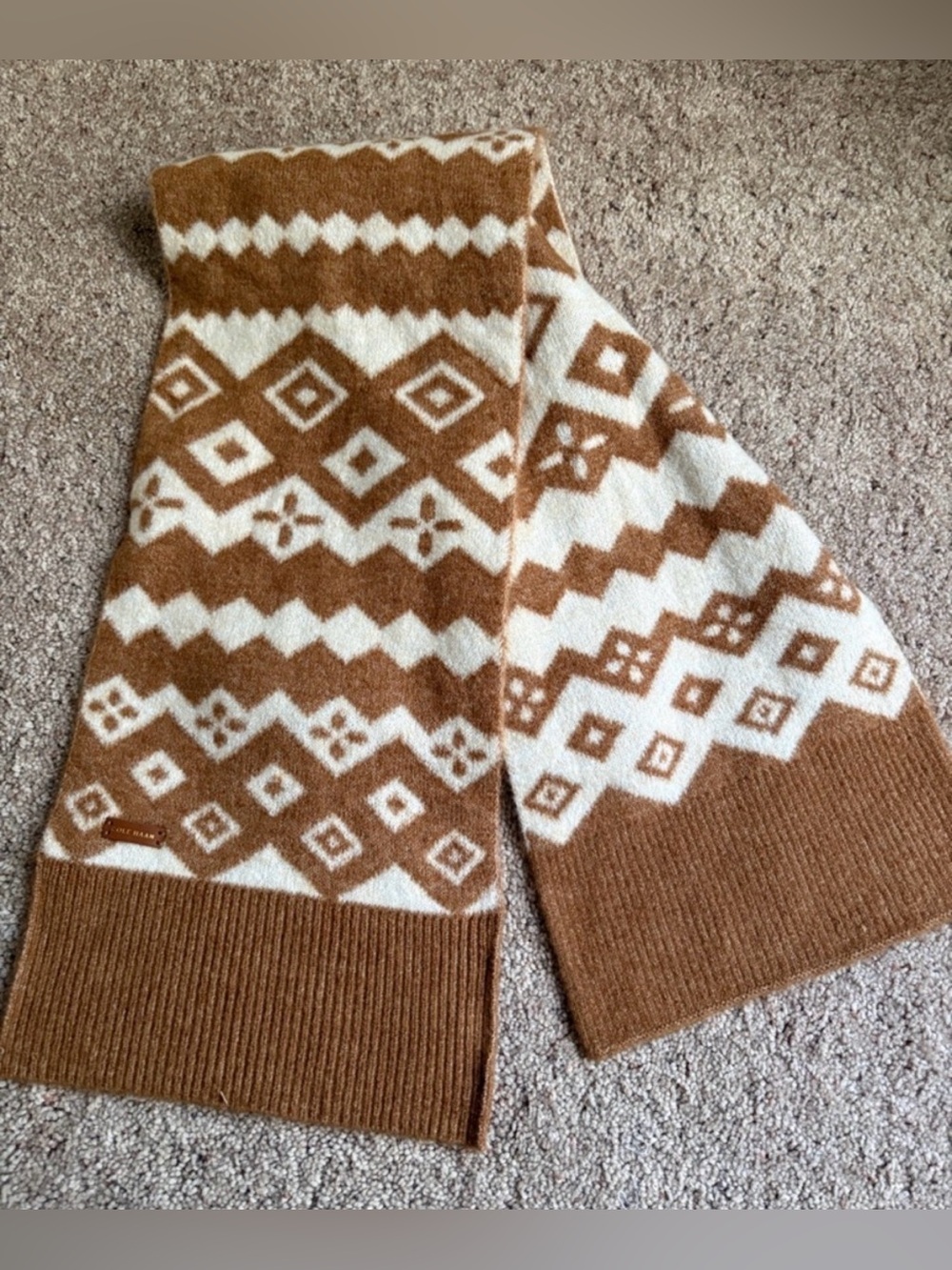 COLE HAAN fair isle scarf brown white boho cozy warm neutral designer classic